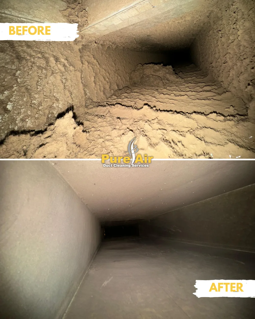 Before and after air duct cleaning: trunk line coated in dust, then clean