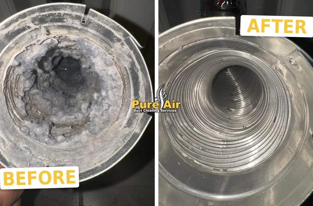Before and after dryer vent cleaning: lint-packed vent pipe, then clean