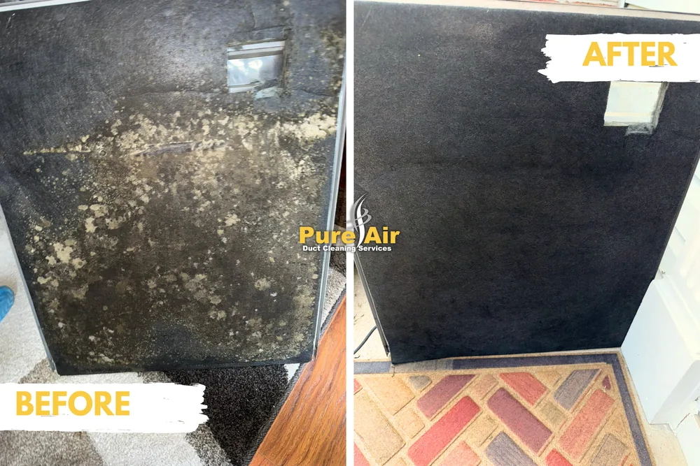 Before and after cleaning of a moldy, dusty HVAC panel
