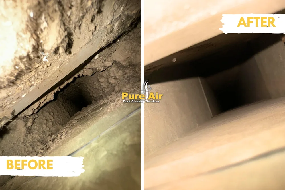 Before and after air duct cleaning of a heavily soiled duct opening