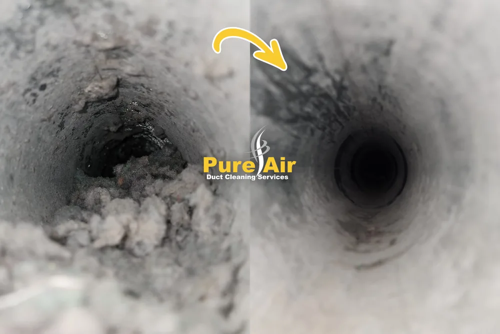 Camera view inside a dryer vent before and after lint removal