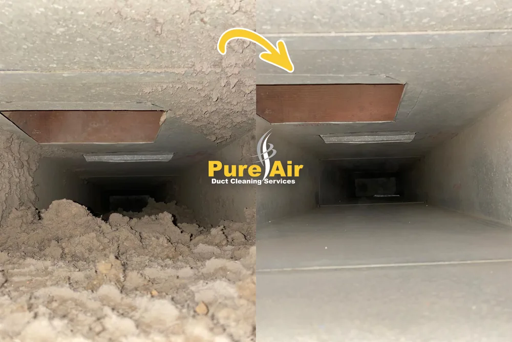 Return air duct full of dust bunnies before cleaning and clean afterward