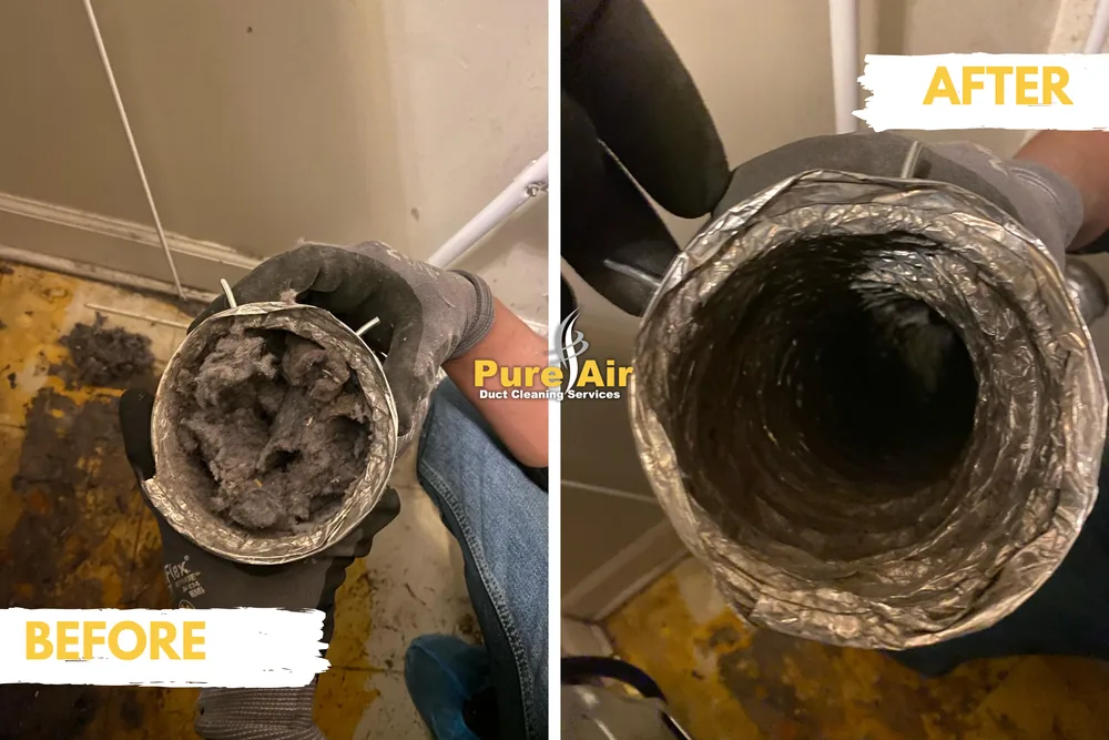 Before and after dryer vent cleaning: lint-clogged flex hose, then clean