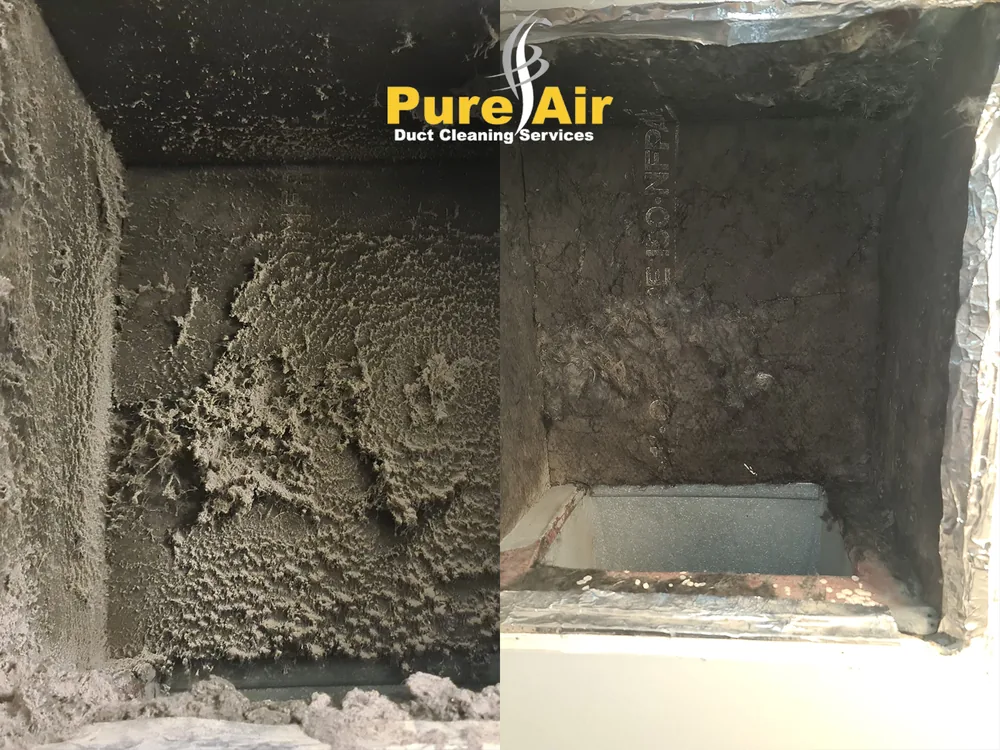 Before and after cleaning of a dusty HVAC plenum
