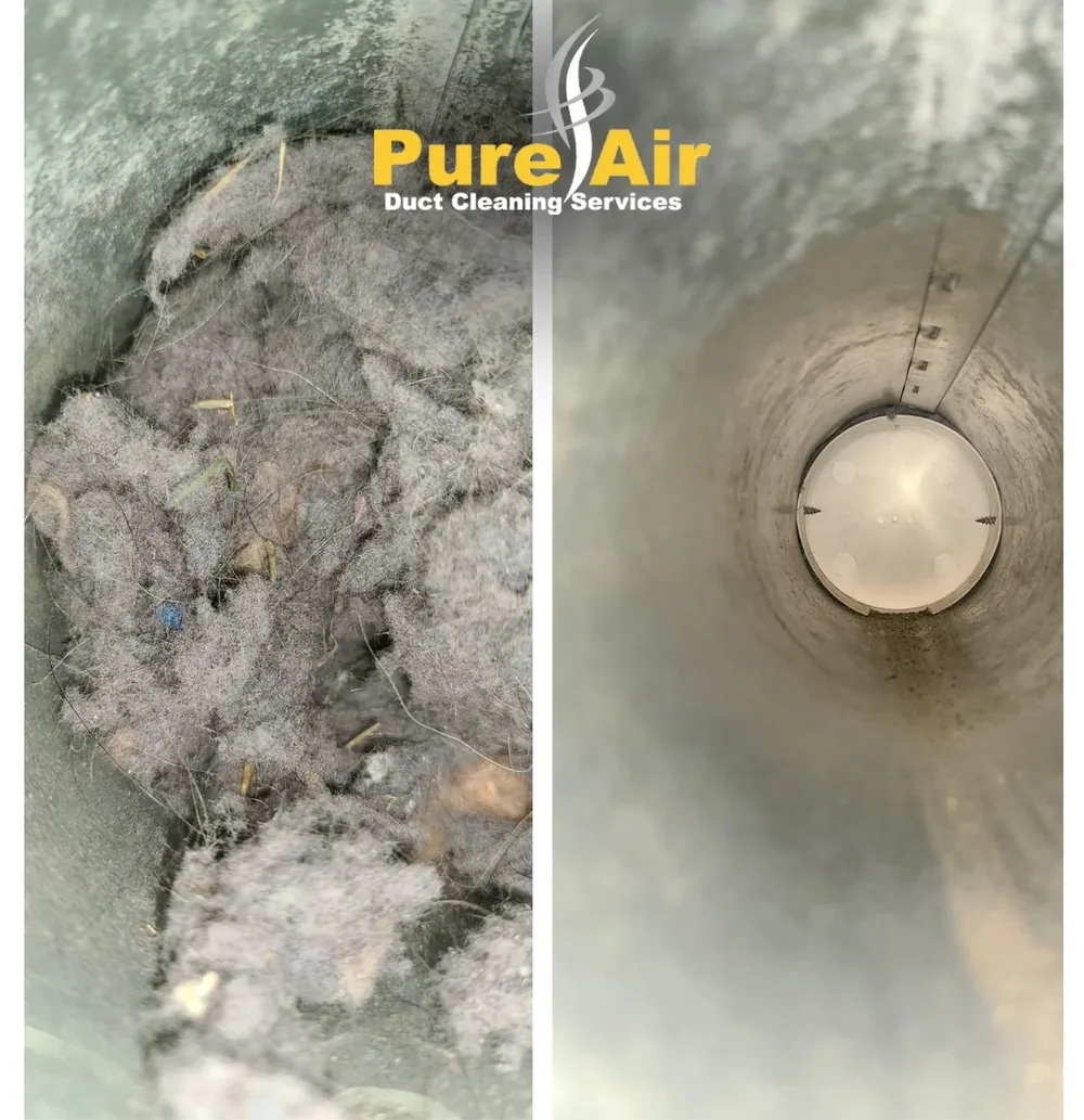 Inside a dryer vent duct packed with lint, then clean after cleaning