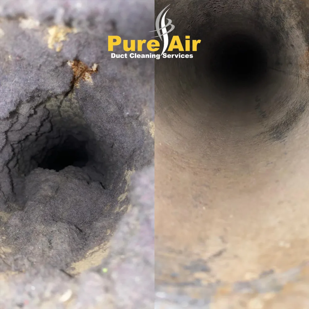 Camera view of a lint-coated vent pipe before and after cleaning