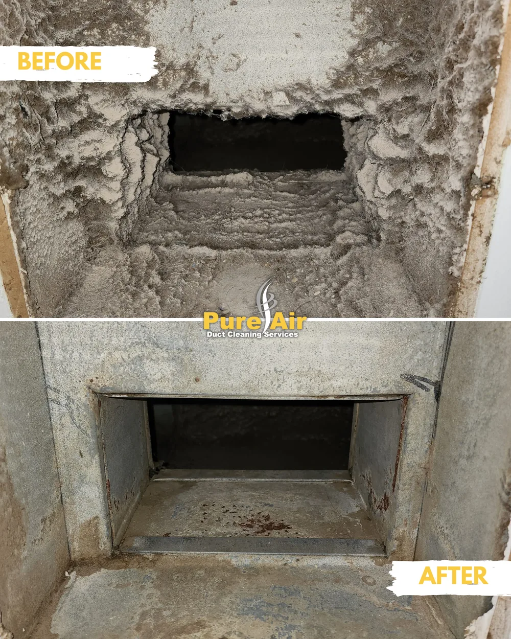 Before and after cleaning of a dust-caked return air opening