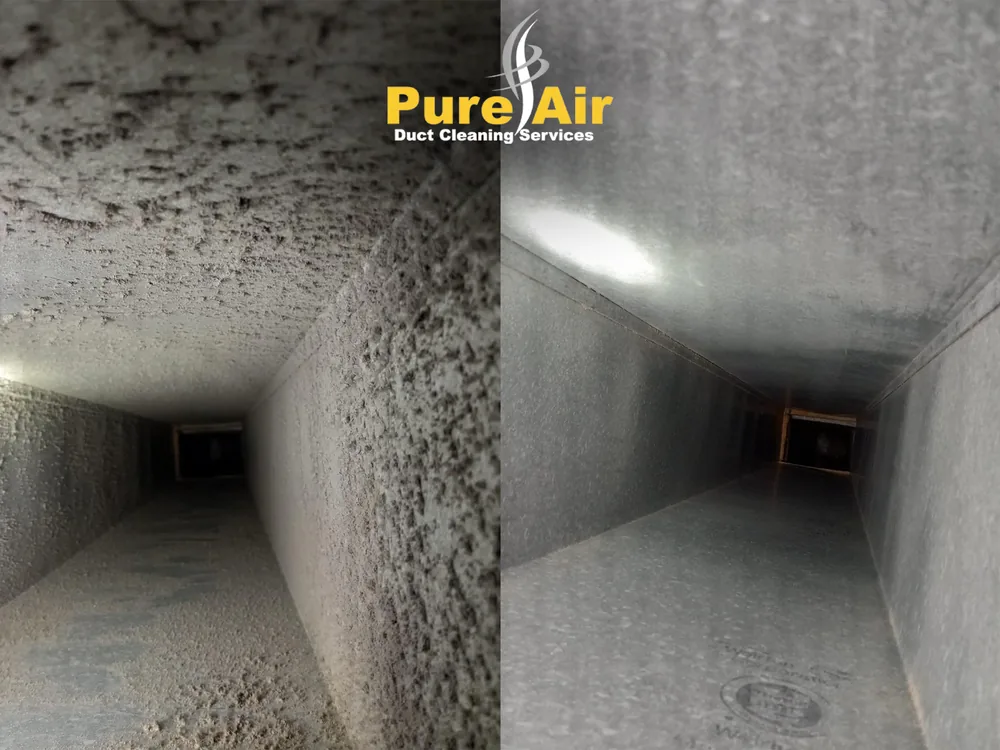 Before and after cleaning of a long dusty supply duct