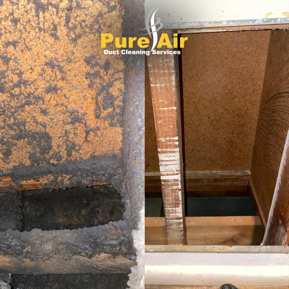 Before and after cleaning of a moldy wooden return air chamber