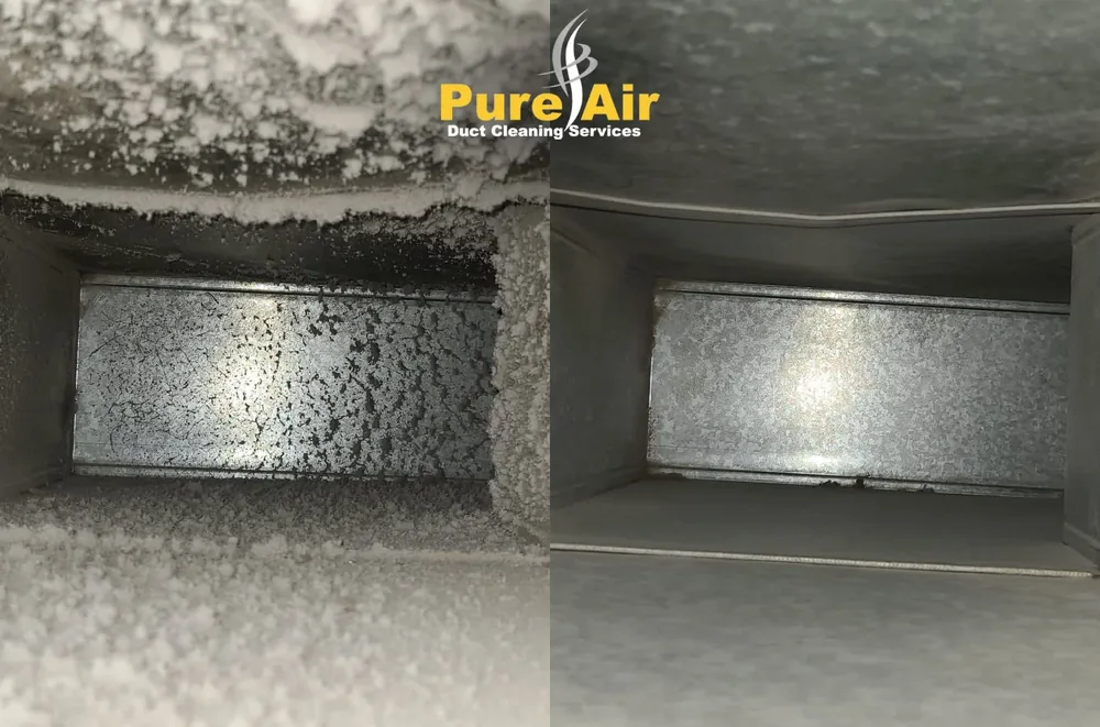 Before and after cleaning of a sheet metal duct coated in dust