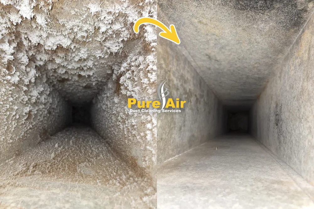 Before and after cleaning of a dust-caked duct trunk line
